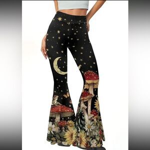 Celestial Black Flare Pants with Mushroom and Floral Art